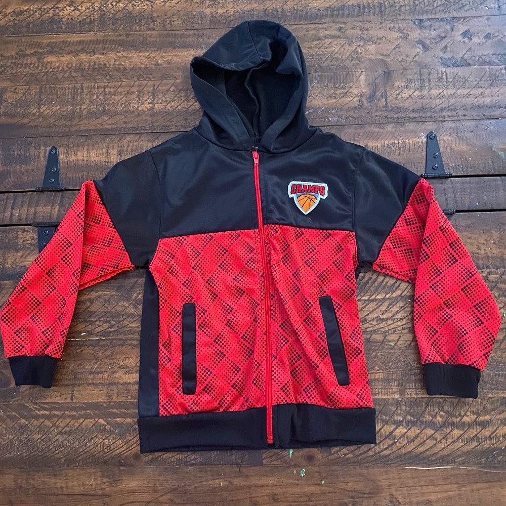 Size 7 zip up Red and Black polyester hoodie!